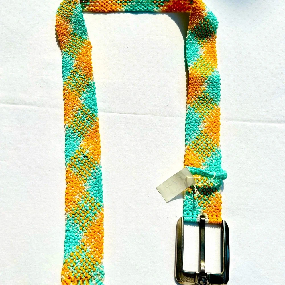 Macrame Belt Aqua Orange Silver Tone Buckle Handcrafted